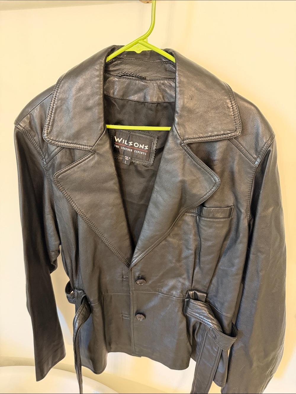 Wilson Black Leather Jacket with Notched Lapel and Waist Tie